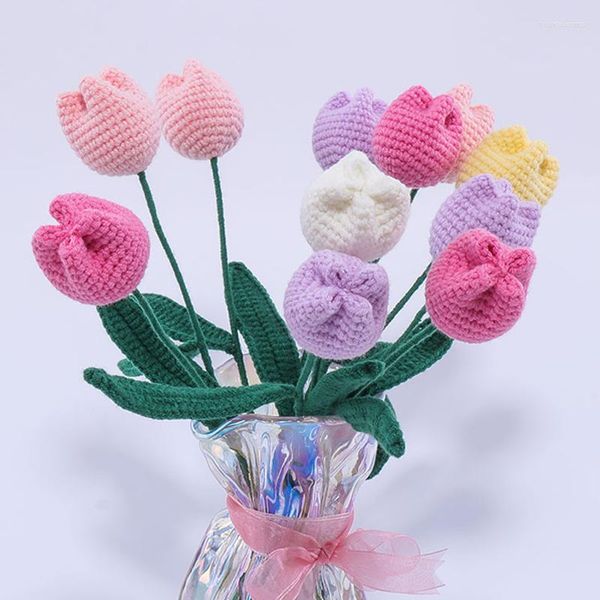 Fleurs décoratives Tulipes en tricot Fini à la main Artificielle Crochet Tulipe Bouquet De Mariage Birde Fleur Décor À La Maison Cadeau De Fête Des Mères