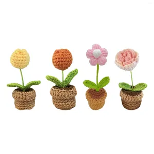 Flores decorativas de tejido de tejido de tejido de crochet de mesa hecha a mano Centropice de plantas pequeñas en macetas para el estante de oficina de baño adornos de escritorio