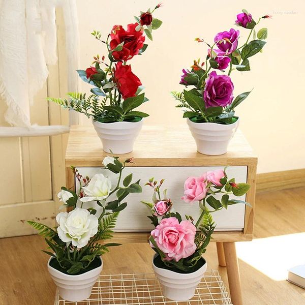 Fleurs décoratives grandes plante en pot rose artificielle 4 têtes Bonsais fleur de soie pour décoration de fête de mariage Ornement à la maison