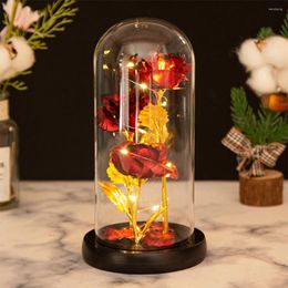 Fleurs décoratives LED veilleuse enchantée Rose artificielle décor de Table couvercle en verre dôme fleur guirlande lumineuse anniversaire noir/or