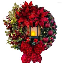 Fleurs décoratives LED lampe de Noël couronne sans fil avec une fleur artificielle rotin houx tissage pour le mur de porte d'entrée de la chambre
