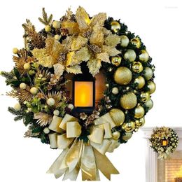 Guirlande de fleurs décoratives LED, guirlande de porte d'entrée de noël avec grand nœud en rotin, tissage de houx pour décoration murale de jardin de chambre à coucher