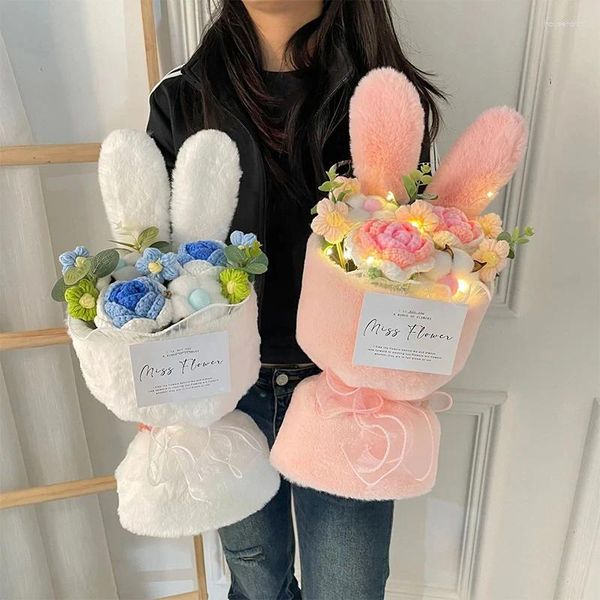 Fleurs décoratives LED lumières chaîne oreilles de lapin tricoté bouquet de fleurs avec sac cadeau artificiel ensemble de mariage anniversaire Saint-Valentin