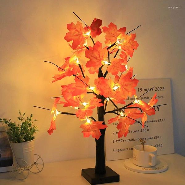 Fiori decorativi Luci notturne a LED Mini lampada da tavolo per albero di Natale Palla d'acero artificiale Decorazione da tavolo Pianta finta Decorazione di Halloween