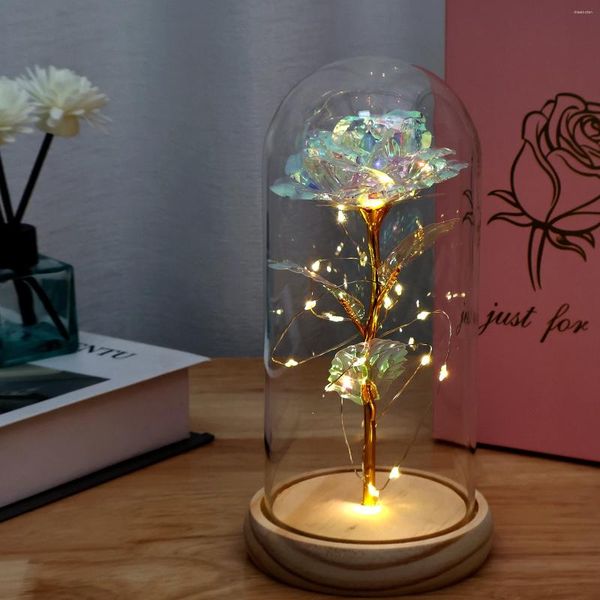 Fleurs décoratives LED Rose cadeau à piles ornement créatif éternel dans un dôme de verre