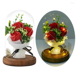 Fleurs décoratives Soap LED Bouquet de rose dans le dôme en verre lampe de nuit de nuit artificielle fleur de mariage