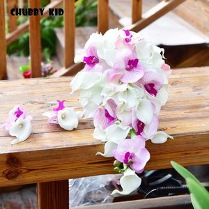 Decoratieve bloemen!Lange kunstmatige pu calla lelie orchidee traanvormig vasthoudende waterval-vormige bruidsboeket wit roze bruidsboeket wit roze