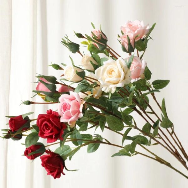 Roses décoratives à longues branches, 65cm, 5 têtes de haute qualité, fleurs rouges en soie, décor de Table, fleurs artificielles pour mariage