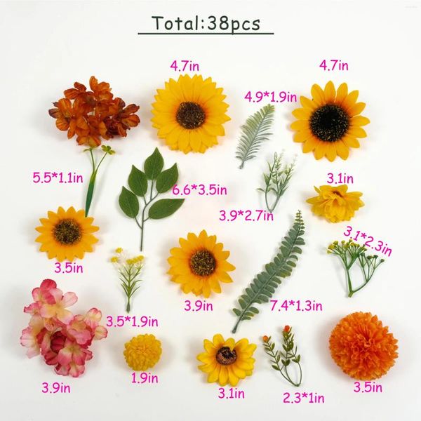 Fleurs décoratives Loose Artificial Silk Flower Head Combo Set / 38pcs faux tournesol Kit de feuille verte pour bouquets d'artisanat bricolage floral