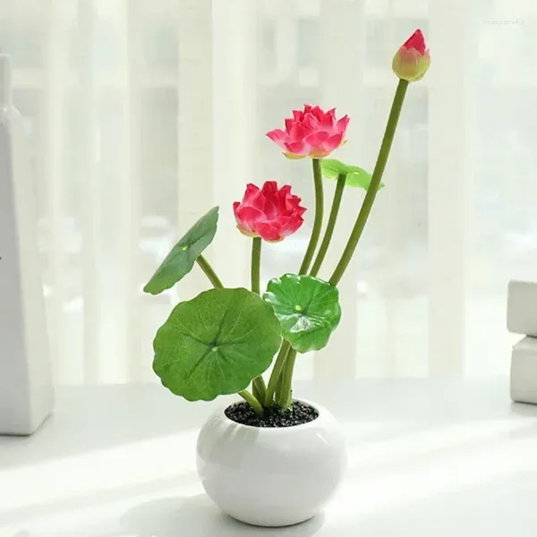 Fleurs décoratives Lotus Small Bonsai Simulation fleur feuille de feuille en céramique Plant artificiel Plant Home Office Decoration Desktop