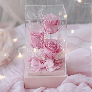 Fleurs décoratives amour de cristal éternelle Rose Saint Valentin cadeau maison chambre décembre mères présentes accessoires de mariage acrylique boîte fleur