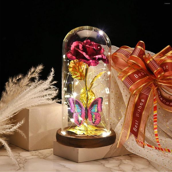 Flores decorativas Mariposa de flor de lámina dorada luminosa con luz de cadena LED en vidrio Regalo de cumpleaños de Navidad Base de madera eterna Decora