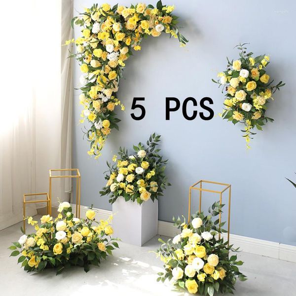 Ensemble de fleurs décoratives luxueuses jaunes pour mariage, Arrangement artificiel, décoration de Center de Table, aménagement de scène de fête de bal