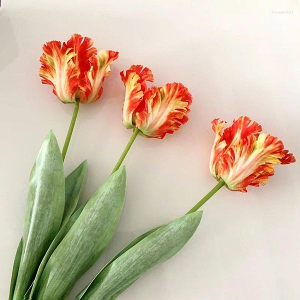 Flores decorativas de lujo 3D loro tulipán rama real toque artificial para la decoración de la sala de estar favores de fiesta simulados tulipanes blancos