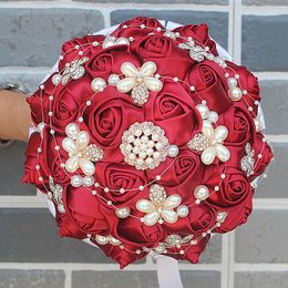 Flores decorativas Diámetro de lujo 15/18/21 / 24 CM Ramo de novia Ramos de dama de honor Vino rojo Rosa Perlas Novia artificial Sosteniendo