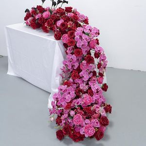 Decoratieve Bloemen Luxe Rood Paars Bruiloft Tafel Decor Bloemen Runner Rose Orchid Kunstbloem Rij Evenement Feest Backdro Props Venster