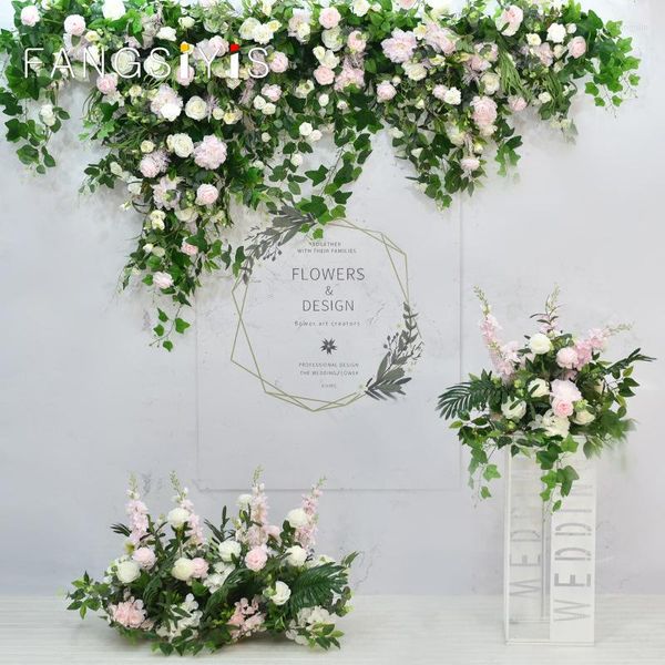 Flores decorativas Serie Sen de lujo Fila de flores Telón de fondo de boda Decoración de pared Hoja de planta verde Rosa blanca Bola floral Fiesta Escenario Piso Prop