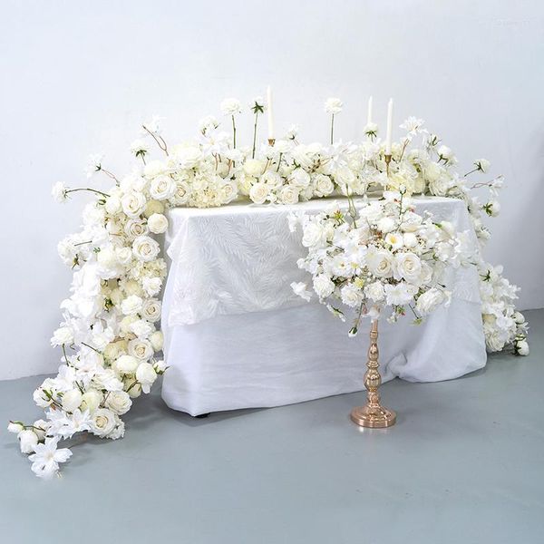 Fleurs décoratives de mariage de luxe White Rose Orchid Flower Row Runner Arrangement Banquet Event Decor Table Ball Party Prop Large Floral