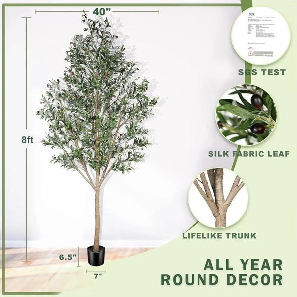 Fleurs décoratives Lyerse-Artificiel Olive Tree avec planteur grande fausse maison plantes hautes 8 pieds de fausse décoration en soie en pot