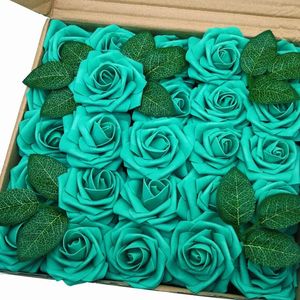 Fleurs décoratives Mefier Artificielles 25 / 50pcs Faux Roses Vert Sarcelle Avec Tige Pour Bouquets De Mariage DIY Décorations De Maison De Mariée