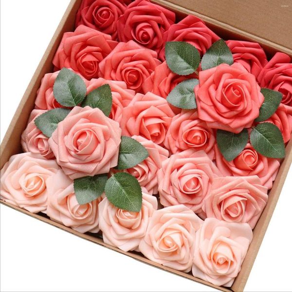 Flores decorativas Mefier Artificial 25pcs Real Looking Coral Ombre Colors Foam Fake Roses W / Tallos para DIY Ramos de boda Decoración del hogar