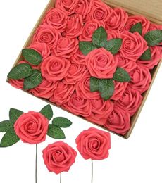 Flores decorativas Mefier flor artificial 25/50 piezas rosas falsas de coral con tallo para ramos de boda DIY arreglos florales hogar