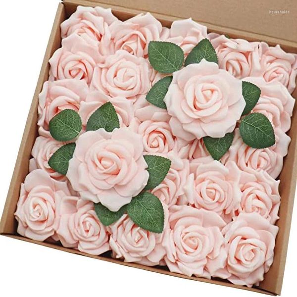 Fleurs décoratives mefiers artificielles réelles réelles blush roses en mousse fausse avec une tige pour les bouquets de mariage bricolage