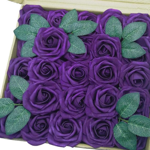 Flores decorativas Mefier Home Artificial 25/50pcs Rosas falsas púrpuras con tallo para la decoración de la boda Centros de mesa Arreglos Ramos