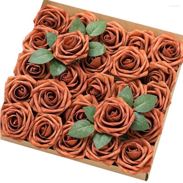 Fleurs décoratives Mefier maison artificielle 25/50 pièces Roses en mousse de Rose Orange brûlée fausses avec des tiges pour la décoration de fête de mariage bricolage