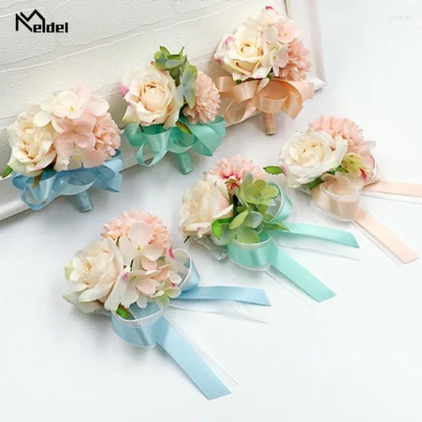 Fleurs décoratives Ribbon Meldel Silk Fleur Choomsman Boutonniere Corsage Wedding Chepping Bracelet Bridal Bracelets for Women