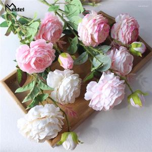 Fleurs décoratives Meldel Rose Flower branche DIY Bouquet Artificiel 3 Heads Silk Fake Peony Wedding Champagne Party Home Party