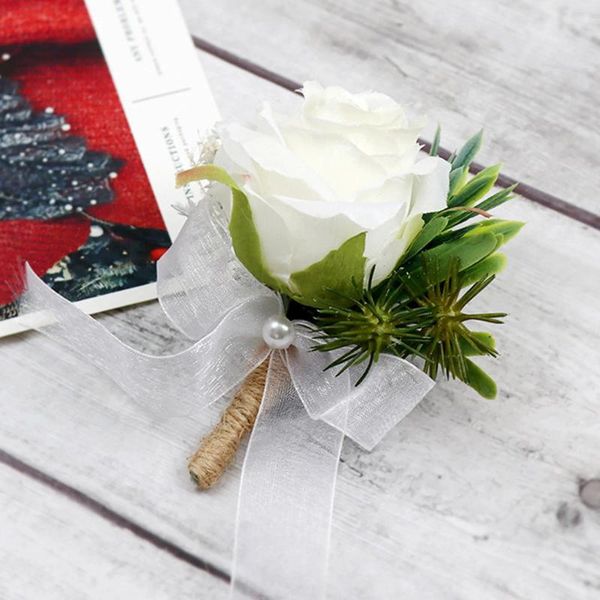 Fleurs décoratives hommes Blanc Rose Brooch Bride Wedding Chepile Corsage Bracelet Groom Cérémonie Flower Party Fory Decor
