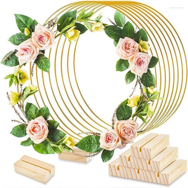 Flores decorativas Aro circular de metal para corona de bricolaje Guirnalda navideña Anillos redondos con base de madera Centro de mesa para fiesta de boda