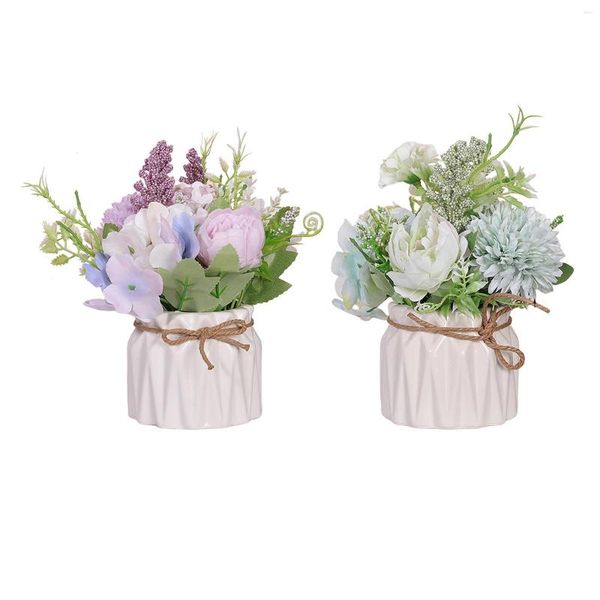 Flores decorativas Mini ramo de hortensias artificiales Bonsai con pequeña planta de jarrón de cerámica en maceta para decoración del jardín del hogar regalo