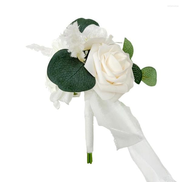 Flores decorativas Mini novia dama de honor con tela de seda DIY centros de mesa de boda ramos con cinta de satén