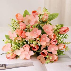 Fleurs décoratives mélange belles artificiels magnolia fleur rose hydrtense de soie fausse bouquet tulipe maison mariage décoration de bricolage de bricolage