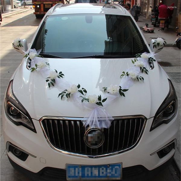 Flores decorativas Estilo moderno Matrimonio Matrimonio Flor de rosa artificial con hilo Nupcial Decoración del coche Manija de la puerta Cintas Conjunto de ramos