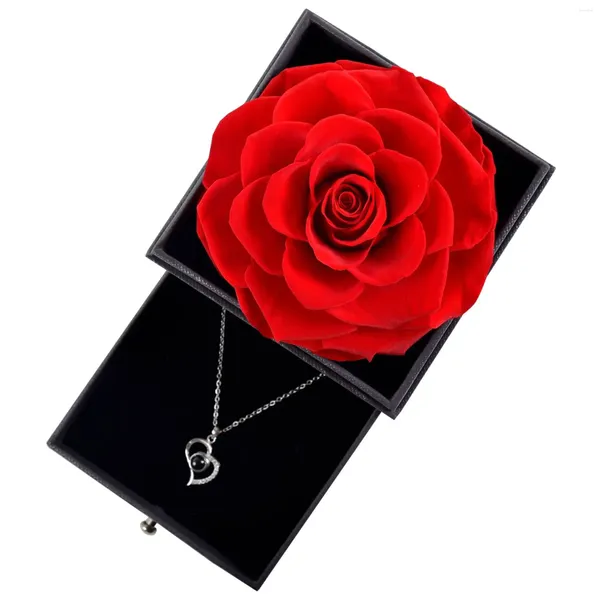 Fleurs décoratives Gift de la fête de la mère Real Eternal Rose Flower avec collier en boîte à bijoux pour amour petite amie Proposer Ring