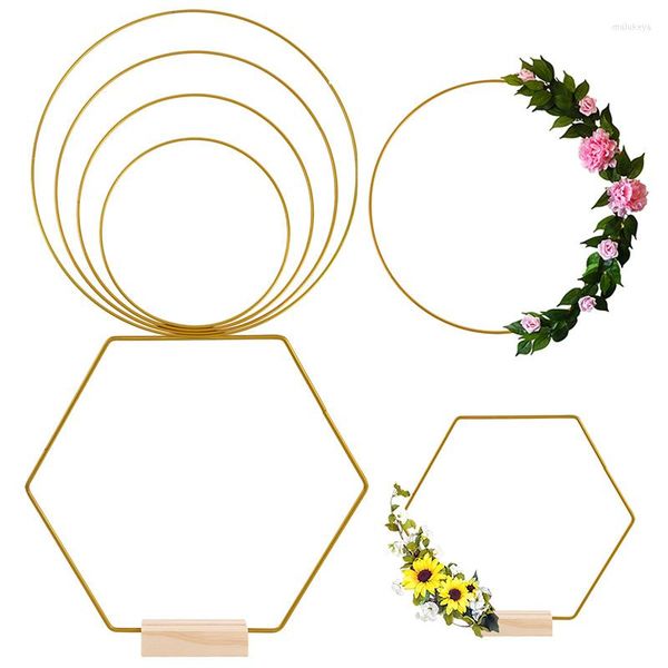 Fleurs décoratives Multi Taille Anneau En Métal Doré Cerceau Porte-Cartes En Bois DIY Macramé Artisanat Floral Cadre De Mariage Carillon À Vent Suspendu Décoration