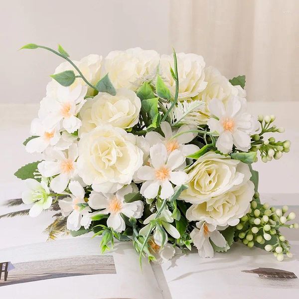 Bouquet de roses artificielles multicolores, 30cm de long, 4 têtes, fausses fleurs décoratives, en soie, pour cérémonie de mariage, décoration de maison