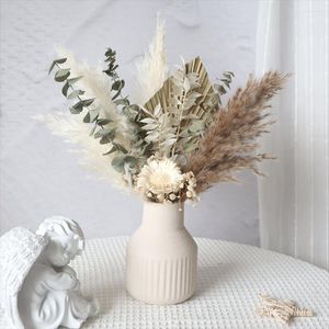 Decoratieve bloemen Natuurlijk gedroogd geconserveerde vaas eucalyptus palmblad riet lavendel -tail gras boeket diy bruiloft