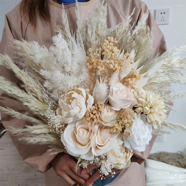 Fleurs décoratives Pampas Natural Pampas Bouquet de mariée séchée Bouquet artificiel Mariage vintage pour la demoiselle d'honneur Boho Party Decor