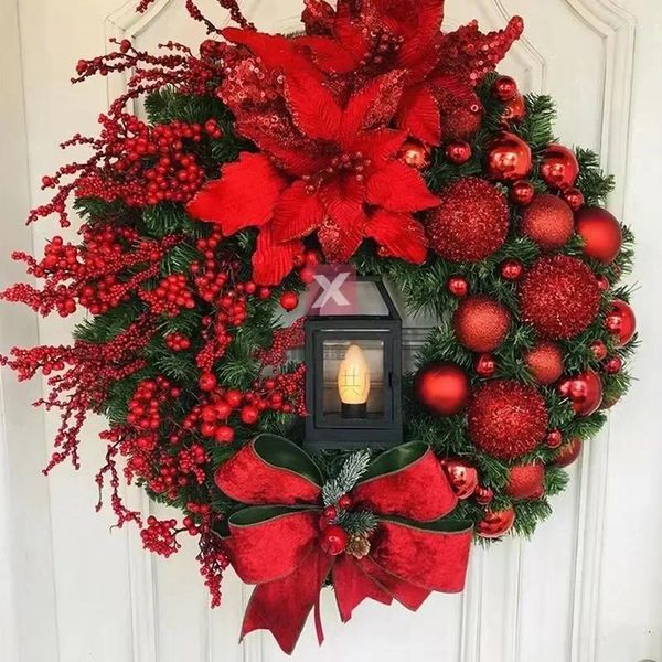 Couronne de fleurs décoratives Navidad avec lampe, fleur rouge et nœud, décoration de Noël pour porte d'entrée, fenêtre, cheminée, 2023