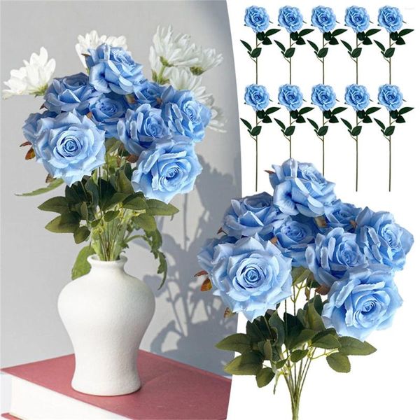 Fleurs décoratives Bouquet de belle qualité avec 9 bords bouclés Roses de glace et de neige décoration de mariage artificielle El aménagement paysager tissu de soie