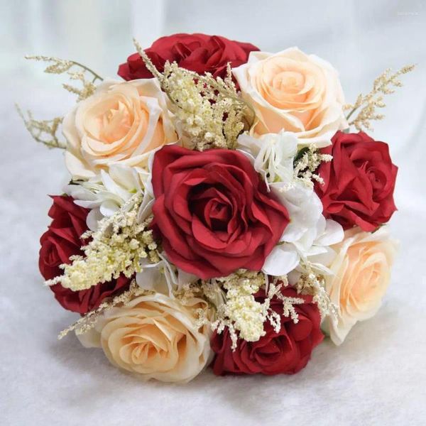 Flores decorativas, rosa artificial que no se decolora, ramo de boda reutilizable realista con lazo, hojas verdes elegantes