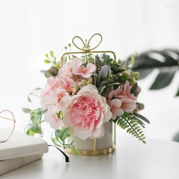 Fleurs décoratives Fleur artificielle nordique avec vase Céramique Golden Rose Piéon Plantes de bonsaï simulé
