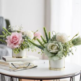 Fleurs décoratives émulation nordique ensemble de fleurs en céramique Vase doré Rose plante en pot décoration de la maison faux pot de fleurs