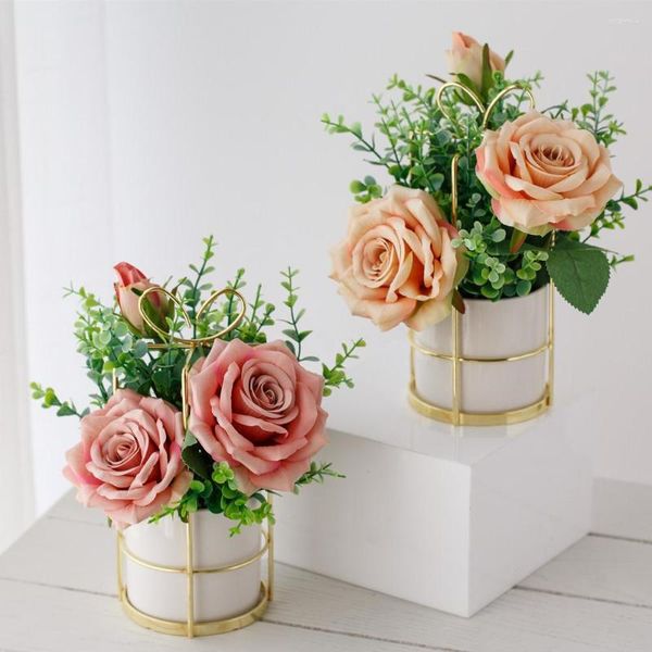 Fleurs décoratives Imitation nordique ensemble de fleurs en céramique en or roses en vase de soie Fake Flores pour bricolage de jardin de maison décoration de décoration de mariage
