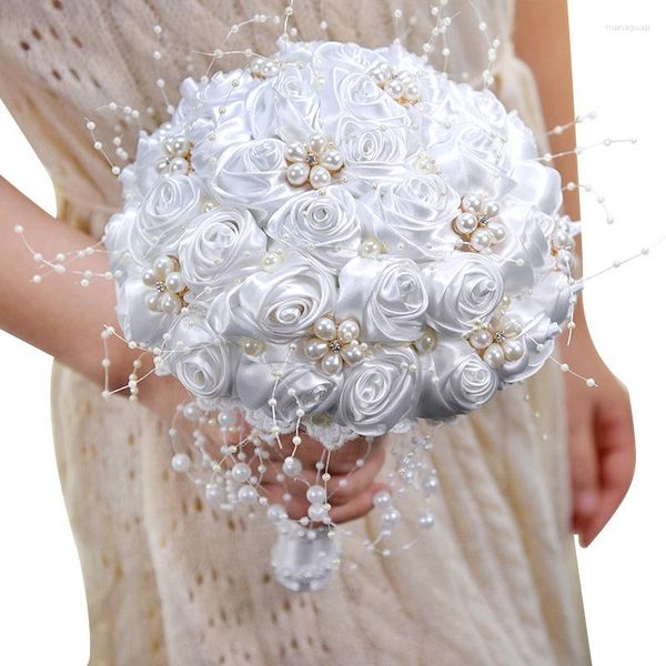 Fleurs décoratives O-X723 vente en gros, Bouquet de fleurs en cristal, ruban de Satin blanc crème pour mariage, meilleure vente