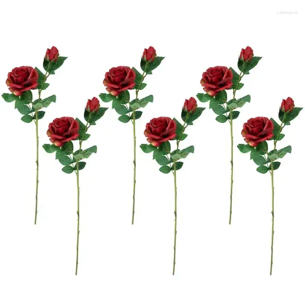 Flores decorativas de 6 tallos de rosa artificiales real rojo 26 